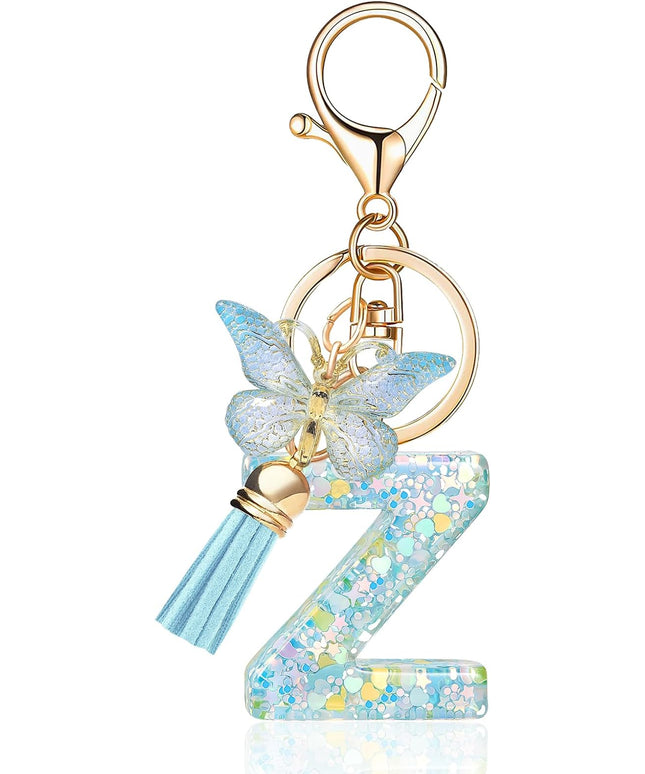 Fashion Alphabet Initial Letter Keychain Tassel Butterfly Pendant Key Ring for Purse Handbags Women Girl