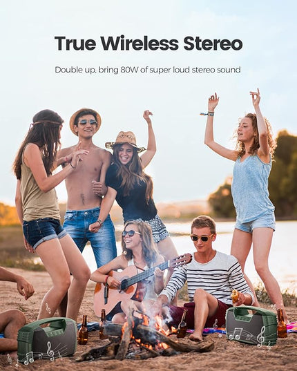 IPX7 Waterproof Bluetooth Speaker, 40W (60W Peak) Portable Wireless Speakers, 32H Playtime, Stereo Loud Sound, Deep Bass, Bluetooth 5.0, Built-in Mic for Camping, Party, Outdoor, Gifts, Beach-Green