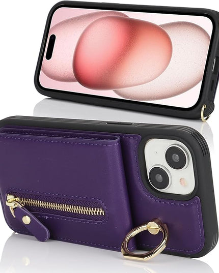 for iPhone 15 Wallet Case with Card Holder, for iPhone 15 Case Wallet with Strap Credit Card Slot, Crossbody Bag with Zipper Case for iPhone15 - Purple
