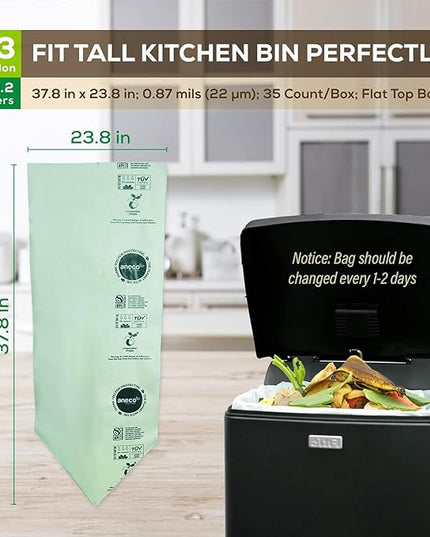 ANECO 100% Compostable Food Waste Bags 13 Gallon, 35 Count, Extra Thick Kitchen Compost Bags, Large Compostable Bags for Tall Kitchen Bin (Pack of 1)