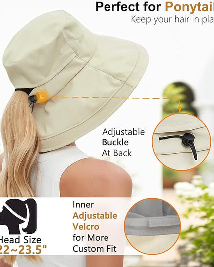 Sun Hats for Women, Wide Brim Waterproof Bucket Hat, Summer Beach Packable Ponytail Hat,UPF 50+ UV Protection