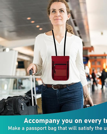 sundee Travel Neck Wallet with Double Zippers, RFID Blocking Passport Holder with Adjustable Neck Strap for Men and Women to Keep Cash, Credit Cards and Travel Documents Safe - Red