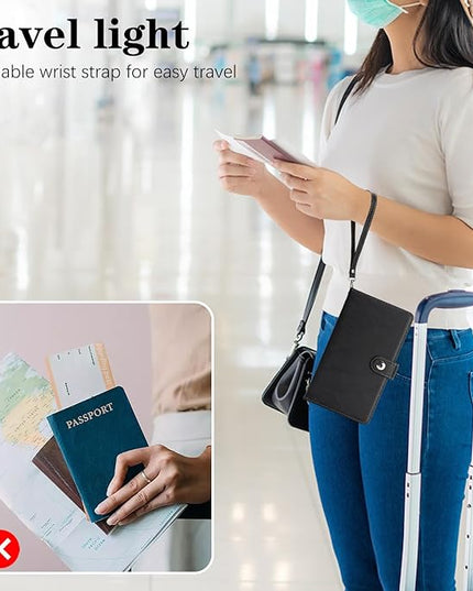 Passport Holder for Travel Essentials, RFID Blocking PU Leather Wallet Cover with Wristlet Strap Magnetic Closure Passport Book Holders Case for Women and Men, Black