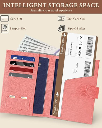 Genuine Leather Passport Holder for Women Men, Hidden Airtag Pocket, RFID Blocking, Zippered Coins Pocket & Cash Compartment Travel Gifts Essentials Passport Cover Case - Hot pink