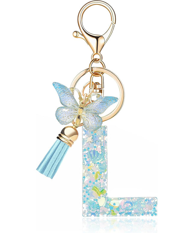 Fashion Alphabet Initial Letter Keychain Tassel Butterfly Pendant Key Ring for Purse Handbags Women Girl