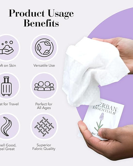 Herban Essentials - Lavender Wipes & Towelettes - Essential Oil Wipes for Make Up, Hands, Face & Body - Travel Size Essentials and Toiletries - Natural, Individually Wrapped and Disposable - 7 Count