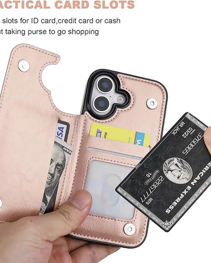 ONETOP Compatible with iPhone 17 Wallet Case with Card Holder, PU Leather Kickstand Card Slots Case, Double Magnetic Clasp and Durable Shockproof Cover 6.3 Inch (Rose Gold)