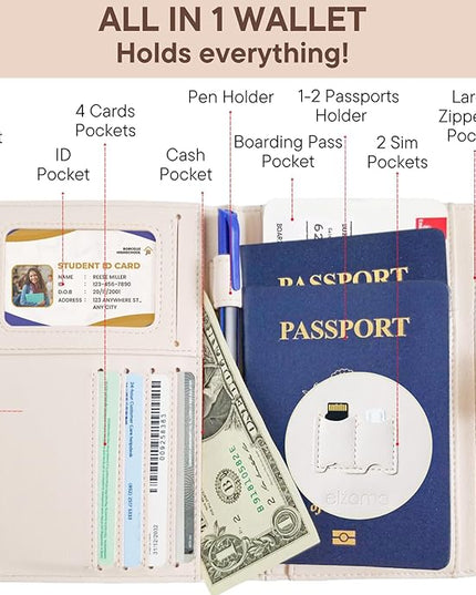 elzama Passport Holder with Airtag Slot for Travel Women, RFID Passport Wallet with Airtag Holder, Zipper Pocket Card Slots Pen Holder & Airtags Keychain (Air tag Not Included) Ivory