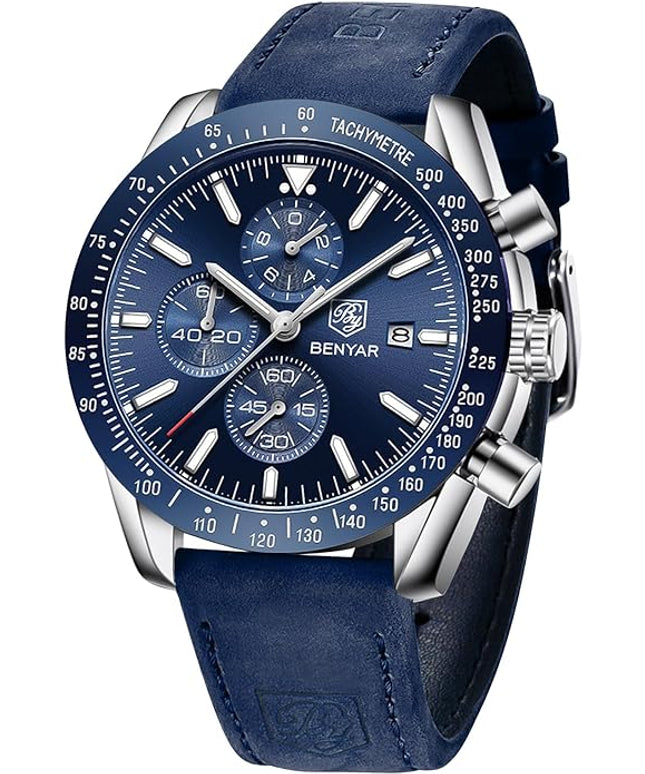 BY BENYAR Watch for Men Analog Quartz Chronograph Waterproof Luminous Designer Mens Wrist Watches Business Work Sport Casual Dress Watch with Silicone Strap Elegant Gifts for Men