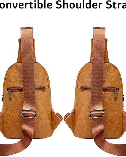 Peicees Leather Sling Bag For Women Waterproof Crossbody Bag Chest Bag Fashionable Small Backpack Purse For Travel Hiking