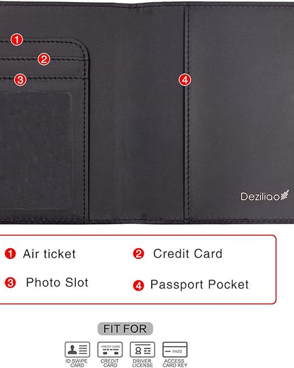 Deziliao Unisex Faux Leather Passport and Vaccine Card Holder, Black, Slim, Waterproof, Lightweight, RFID Blocking
