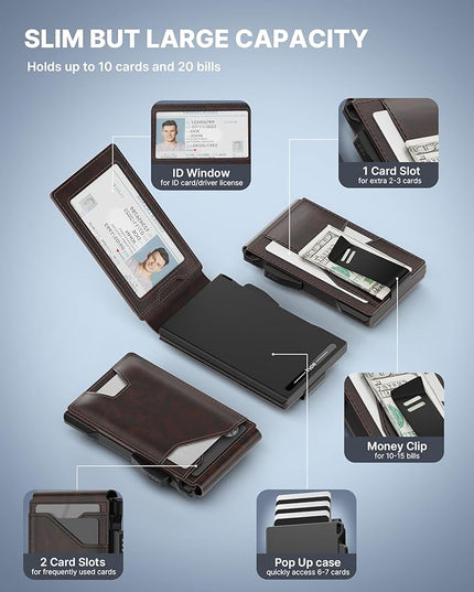 typecase Tactical Wallet for Men Card Holder: Pop Up Card Case, Genuine Leather, Smart, RFID Blocking, Slim, Minimalist, Thin, Front Pocket - 9-13 Card Capacitiy, ID Window, Money Clip (Deep Brown)