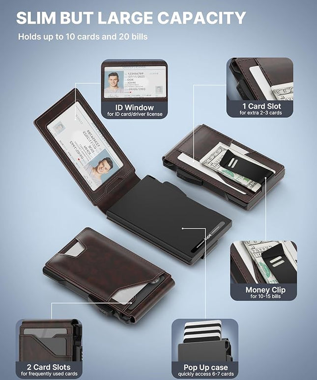 typecase Tactical Wallet for Men Card Holder: Pop Up Card Case, Genuine Leather, Smart, RFID Blocking, Slim, Minimalist, Thin, Front Pocket - 9-13 Card Capacitiy, ID Window, Money Clip (Deep Brown)