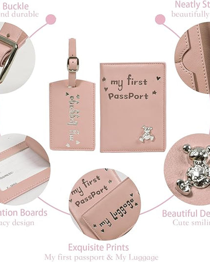 Baby Passport Cover with Travel Luggage Tag, My First Passport Holder With Bear for Girls Boys, Cute Pink Kids Airplane Travle Essentials Accessories Trip Favor Gifts