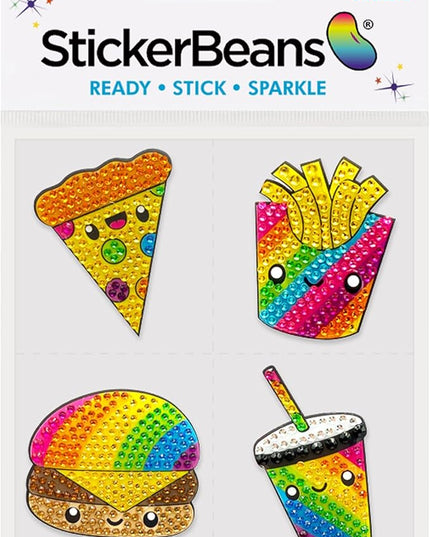 StickerBeans® Rhinestone Stickers – Rainbow Foodie 4-Pack, 2” x 2” Unique Sparkly Cut-to-Shape for Collecting, Trading, Decorating Laptops, Phone Cases, Scrapbooks, Kids, Teens, & Adults