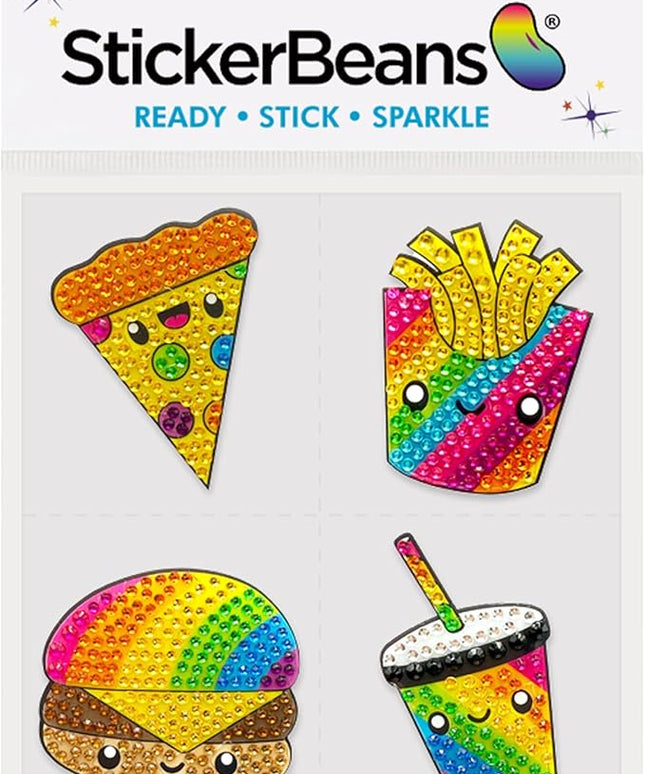 StickerBeans® Rhinestone Stickers – Rainbow Foodie 4-Pack, 2” x 2” Unique Sparkly Cut-to-Shape for Collecting, Trading, Decorating Laptops, Phone Cases, Scrapbooks, Kids, Teens, & Adults
