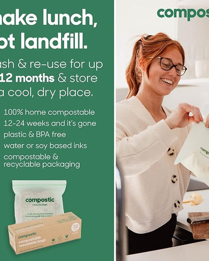 Compostic Home Compostable Resealable Sandwich Bags, Microwave & Freezer Safe, Organic Food Storage Container, 90 Count + 10 Bonus Bags