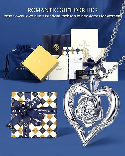 Beam & Bask Rose Flower Heart Moissanite Necklaces for Wife, S925 Silver Pendant for Women, 18K Gold Plated Jewelry for Her Girlfriend Mom for Anniversary Birthday