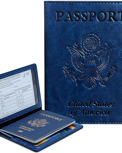 Passport Holder Cover Wallet Case RFID Blocking Leather Card Slot Travel Accessories Documents Organizer Protector for Women Men, Navy Blue