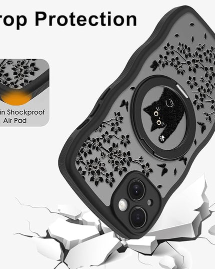 Wavy Case for iPhone 15 Plus Case with Stand [Compatible with MagSafe] Cute Black Cat & Floral & Butterflies Pattern Design, Kawaii 360 Magnetic Ring Kickstand Phone Cover for Women Girls