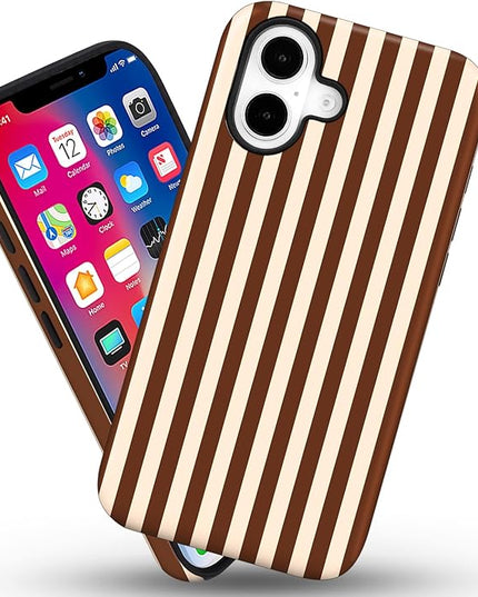 Magnetic for iPhone 17 Case Cute Stripes Phone Case, Shockproof Slim TPU and Hard PC Protective Phone Cover Compatible with MagSafe Designed for Women Girls, Brown