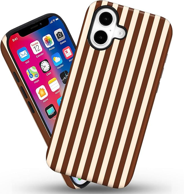 Magnetic for iPhone 17 Case Cute Stripes Phone Case, Shockproof Slim TPU and Hard PC Protective Phone Cover Compatible with MagSafe Designed for Women Girls, Brown