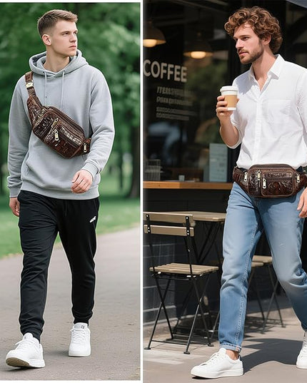 Genuine Leather Fanny Pack large capacity Crossbody Waist Bag with Zipper phone Pockets crocodile coffee