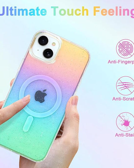 Glitter Case for iPhone 14 Plus & iPhone 15 Plus Case for Women Girls [ Compatible with Magsafe ] Clear Cute Girly Iridescent Rainbow Sparkly Bling Magnetic Phone Cover, Gradient Blue & Pink