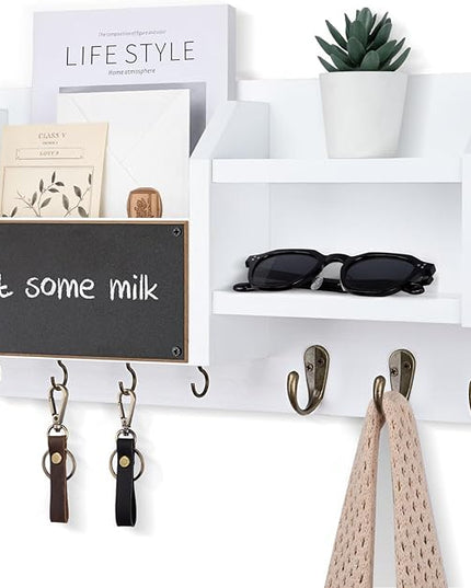 Lwenki Mail and Key Holder – Wall Mount Key Hanger with Shelf and 7 Metal Hooks – Decorative Natural Paulownia Wood Entryway Organizer with Mounting Hardware (16.5”W x 8.7”H x 3.5”D) (White)