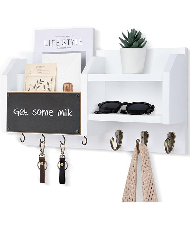 Lwenki Mail and Key Holder – Wall Mount Key Hanger with Shelf and 7 Metal Hooks – Decorative Natural Paulownia Wood Entryway Organizer with Mounting Hardware (16.5”W x 8.7”H x 3.5”D) (White)