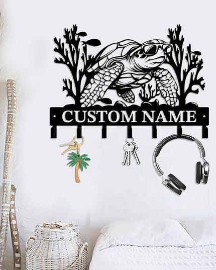 Casebrick Custom Sea Turtle Metal Wall Hooks,Key Holder-Personalized Iron Wall Decor for Keys, Coats & Home Organization (Black, Handmade,Decorative for Entryway, Beach,Bedroom,Office) (Style J)