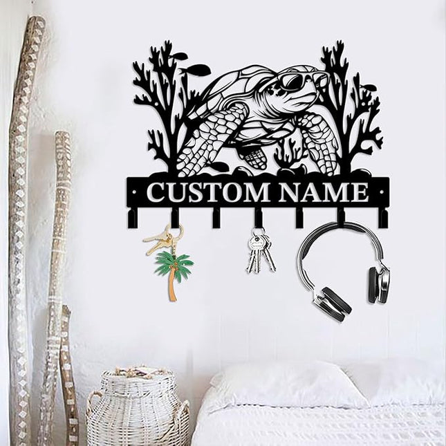 Casebrick Custom Sea Turtle Metal Wall Hooks,Key Holder-Personalized Iron Wall Decor for Keys, Coats & Home Organization (Black, Handmade,Decorative for Entryway, Beach,Bedroom,Office) (Style J)