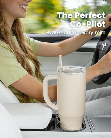 Renoj Tumbler with Handle 100% Spill Resistant Insulated Water Bottle for Iced Coffee & Hot Drinks - Fits Car Cup Holder, Ideal Gift, 2 Straws & Silicone Boot BPA-Free - FlexSlide White 32 oz