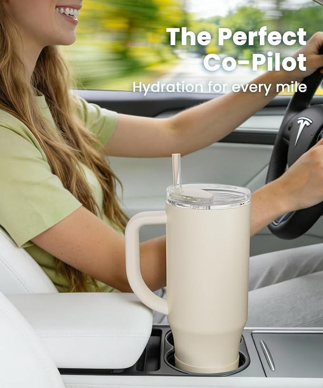 Renoj Tumbler with Handle 100% Leak Proof Insulated Water Bottle for Iced Coffee & Hot Drinks - Fits Car Cup Holder, Ideal Gift, 2 Straws & Silicone Boot BPA-Free - SnapShift White 32 oz