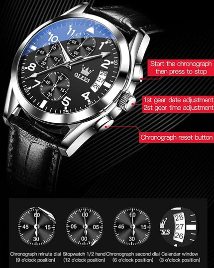 OLEVS Leather Chronograph Watch Men - Leather Strap (Brown/Black), Work Luminous Waterproof Analog Quartz Dress Wrist Watch with Blue/Black/Brown/White Dial