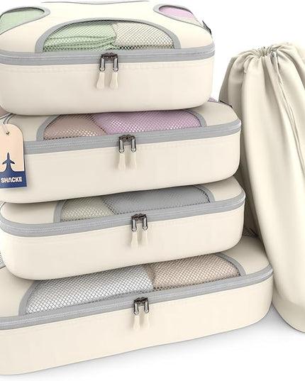 Shacke Premium 5 Packing Cubes Set - Lightweight Mesh Travel Luggage Organizers with Laundry Bag, 5-Piece Suitcase Storage System (Sand)
