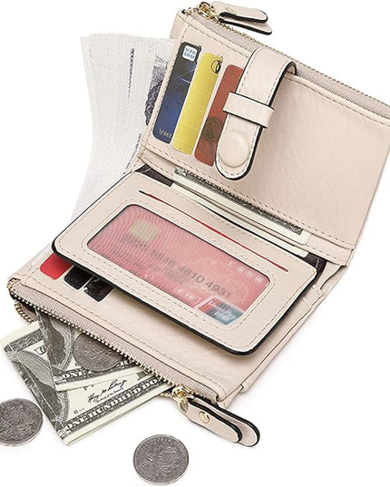 AOXONEL Women's Wallets Leather Wallets for Women Rfid Small Ladies Wallet Billfolds for Women,Trifold Mini Wallets for Women with Double Zipper Coin Pocket (Beige)