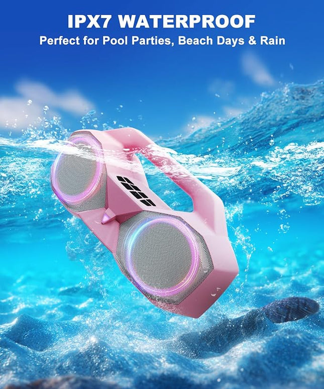 Bluetooth Speaker 80W(Peak)Loud with Bass, 20H Playtime, IPX7 Waterproof, RGB Lights, TWS, Large Portable Wireless Speakers for Outdoor, Home, Party, Pool, Beach, Tailgating, Gym, Work, Gifts (Pink)