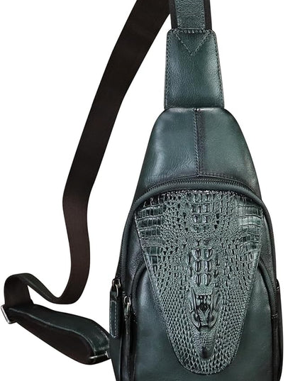 Genuine Leather Sling Bag Embossed Crocodile Pattern Leather Crossbody Sling Backpack Handmade Chest Purse Daypack (Darkgrey)