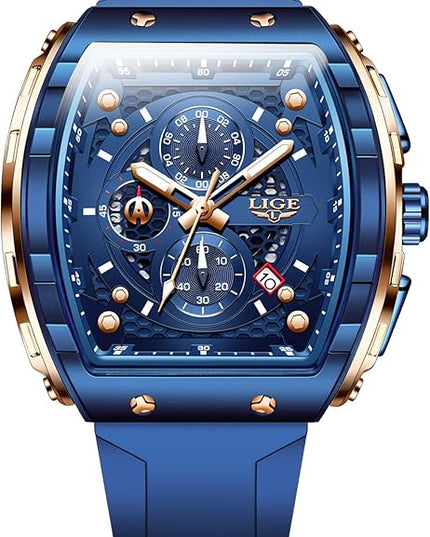Mens Watches,Unique Rectangular Quartz Analog Watch,Outdoor Sports Multi-Function Watch,Chronograph/Waterproof/Luminous/Calendar,Durable Silicone Strap Mens Casual Watches