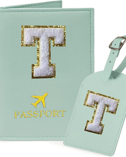 COSHAYSOO Green Passport Cover Holder and Initial Luggage Tag Set TSA Approved with Chenille Letter Patch for Women Teen Girls Couples, Preppy Travel Bag Suitcase Identifier (T)