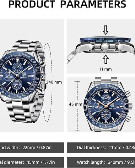 BY BENYAR Watch for Men Analog Quartz Chronograph Waterproof Luminous Designer Mens Wrist Watches Business Work Sport Casual Dress Watch with Silicone Strap Elegant Gifts for Men