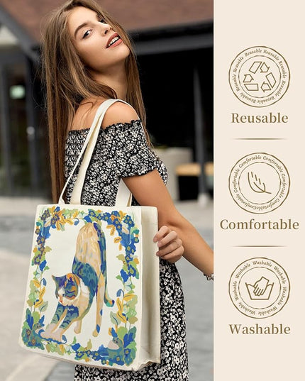 AUSVKAI Canvas Tote Bag Aesthetic for Women, Cute Reusable Bags with Pockets & Snaps for Beach Shopping College Gym Grocery