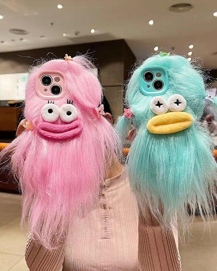 for iPhone 16 Case,Funny and Silly Weird Furry Phone Cases [DIY Long Hair with Hairclip] Ugly Phone Case Swap Challenge Gifts with Friends (Pink)
