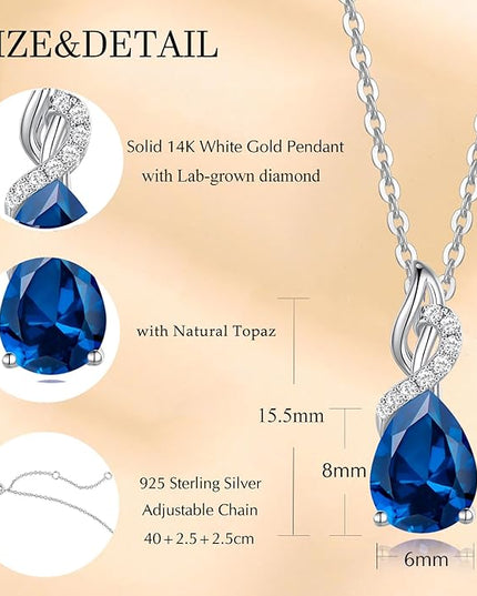 FANCIME 14K Solid White Gold Teardrop Pendant with Diamond Birthstone Necklace