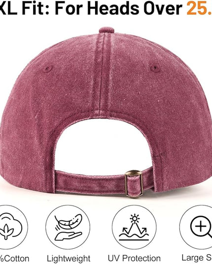 XXL Oversize Washed Denim Baseball Cap,Low Profile Jean Sports Cap for Big Heads 23.5"-25.5",Large Pigment Dyed Dad Hat