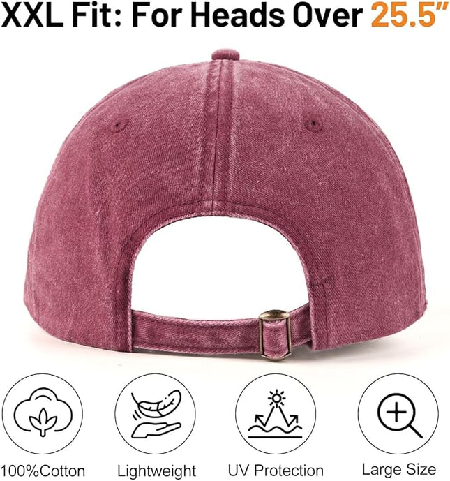 XXL Oversize Washed Denim Baseball Cap,Low Profile Jean Sports Cap for Big Heads 23.5"-25.5",Large Pigment Dyed Dad Hat