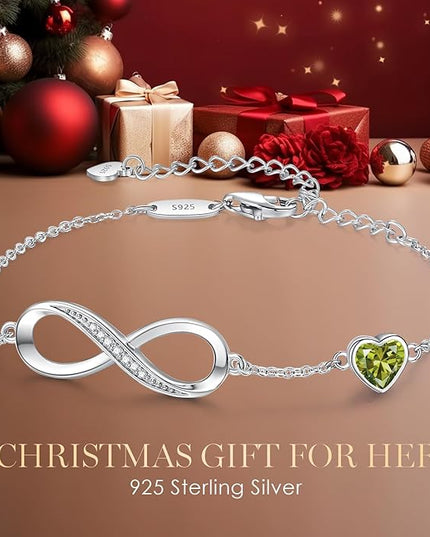 CDE Valentine's Day Gift Infinity Heart Birthstone Charm Link Bracelet for Women 925 Sterling Silver Adjustable Mother's Day Christmas Day Gift Anniversary Birthday Jewelry for Wife Girlfriend Her