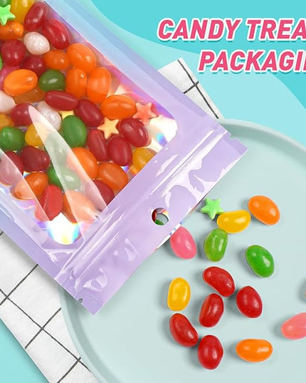 Funfery 300 Pack Smell Proof Resealable Bags for Food Storage,Holographic Bags 4x6 Purple Blue Mylar Clear Packaging Bag- Scent Proof for Cookies, Zip Foil Pouch for Small Business