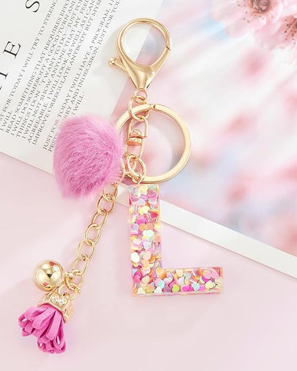 Resin Alphabet Initial Letter Keychain Keyring for Women Purse Handbags With Fur Ball Pom